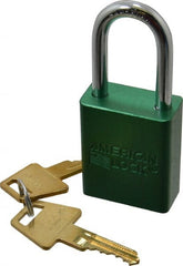 American Lock - Keyed Different Conductive Lockout Padlock - 1-1/2" Shackle Clearance, 1/4" Shackle Diam, 1.8" Body Height x 1-1/2" Body Width, Green, 5 Pins - Exact Tooling