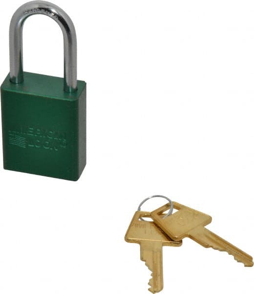 American Lock - Keyed Alike Conductive Lockout Padlock - 1-1/2" Shackle Clearance, 1/4" Shackle Diam, 1.8" Body Height x 1-1/2" Body Width, Green, 5 Pins - Exact Tooling