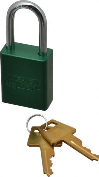 American Lock - Keyed Alike Conductive Lockout Padlock - 1-1/2" Shackle Clearance, 1/4" Shackle Diam, 1.8" Body Height x 1-1/2" Body Width, Green, 5 Pins - Exact Tooling