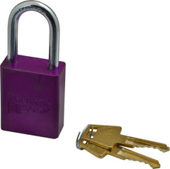American Lock - Keyed Different Conductive Lockout Padlock - 1-1/2" Shackle Clearance, 1/4" Shackle Diam, 1.8" Body Height x 1-1/2" Body Width, Purple, 5 Pins - Exact Tooling