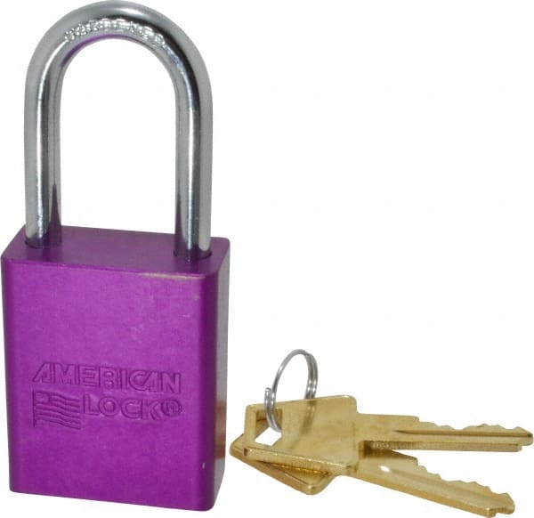 American Lock - Keyed Alike Conductive Lockout Padlock - 1-1/2" Shackle Clearance, 1/4" Shackle Diam, 1.8" Body Height x 1-1/2" Body Width, Purple, 5 Pins - Exact Tooling