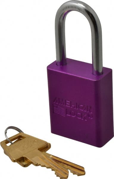 American Lock - Keyed Alike Conductive Lockout Padlock - 1-1/2" Shackle Clearance, 1/4" Shackle Diam, 1.8" Body Height x 1-1/2" Body Width, Purple, 5 Pins - Exact Tooling