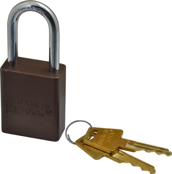 American Lock - Keyed Different Conductive Lockout Padlock - 1-1/2" Shackle Clearance, 1/4" Shackle Diam, 1.8" Body Height x 1-1/2" Body Width, Brown, 5 Pins - Exact Tooling