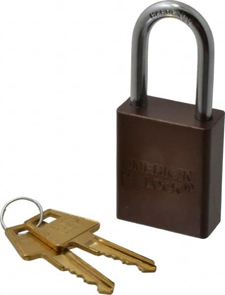 American Lock - Keyed Alike Conductive Lockout Padlock - 1-1/2" Shackle Clearance, 1/4" Shackle Diam, 1.8" Body Height x 1-1/2" Body Width, Brown, 5 Pins - Exact Tooling