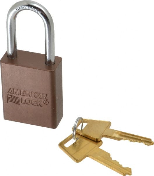 American Lock - Keyed Alike Conductive Lockout Padlock - 1-1/2" Shackle Clearance, 1/4" Shackle Diam, 1.8" Body Height x 1-1/2" Body Width, Brown, 5 Pins - Exact Tooling