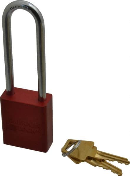 American Lock - Keyed Alike Conductive Lockout Padlock - 3" Shackle Clearance, 1/4" Shackle Diam, 1.8" Body Height x 1-1/2" Body Width, Red, 5 Pins - Exact Tooling