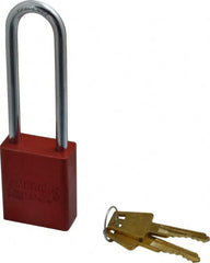 American Lock - Keyed Alike Conductive Lockout Padlock - 3" Shackle Clearance, 1/4" Shackle Diam, 1.8" Body Height x 1-1/2" Body Width, Red, 5 Pins - Exact Tooling