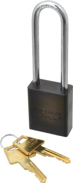 American Lock - Keyed Different Conductive Lockout Padlock - 3" Shackle Clearance, 1/4" Shackle Diam, 1.8" Body Height x 1-1/2" Body Width, Black, 5 Pins - Exact Tooling