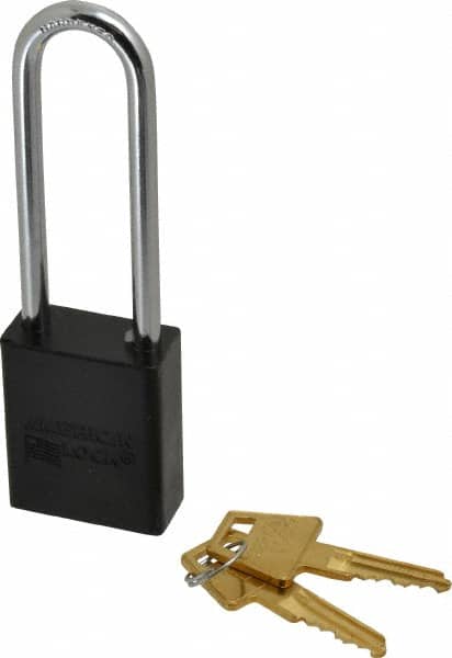 American Lock - Keyed Alike Conductive Lockout Padlock - 3" Shackle Clearance, 1/4" Shackle Diam, 1.8" Body Height x 1-1/2" Body Width, Black, 5 Pins - Exact Tooling