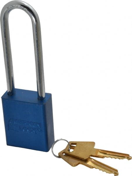 American Lock - Keyed Alike Conductive Lockout Padlock - 3" Shackle Clearance, 1/4" Shackle Diam, 1.8" Body Height x 1-1/2" Body Width, Blue, 5 Pins - Exact Tooling