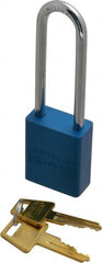 American Lock - Keyed Alike Conductive Lockout Padlock - 3" Shackle Clearance, 1/4" Shackle Diam, 1.8" Body Height x 1-1/2" Body Width, Blue, 5 Pins - Exact Tooling