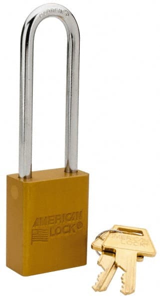 American Lock - Keyed Different Conductive Lockout Padlock - 3" Shackle Clearance, 1/4" Shackle Diam, 1.8" Body Height x 1-1/2" Body Width, Yellow, 5 Pins - Exact Tooling