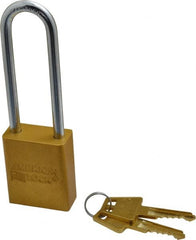 American Lock - Keyed Alike Conductive Lockout Padlock - 3" Shackle Clearance, 1/4" Shackle Diam, 1.8" Body Height x 1-1/2" Body Width, Yellow, 5 Pins - Exact Tooling
