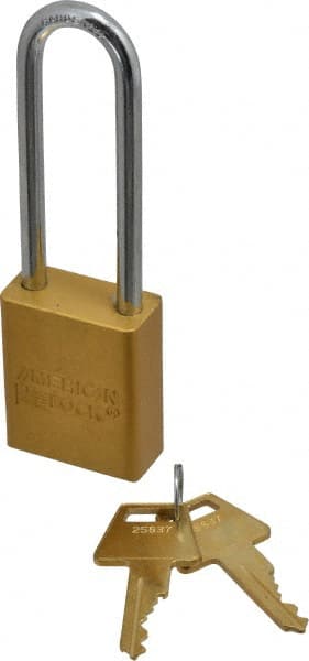 American Lock - Keyed Alike Conductive Lockout Padlock - 3" Shackle Clearance, 1/4" Shackle Diam, 1.8" Body Height x 1-1/2" Body Width, Yellow, 5 Pins - Exact Tooling