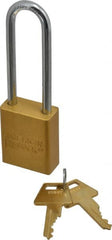 American Lock - Keyed Alike Conductive Lockout Padlock - 3" Shackle Clearance, 1/4" Shackle Diam, 1.8" Body Height x 1-1/2" Body Width, Yellow, 5 Pins - Exact Tooling