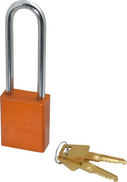 American Lock - Keyed Alike Conductive Lockout Padlock - 3" Shackle Clearance, 1/4" Shackle Diam, 1.8" Body Height x 1-1/2" Body Width, Orange, 5 Pins - Exact Tooling
