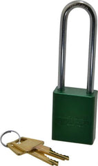 American Lock - Keyed Different Conductive Lockout Padlock - 3" Shackle Clearance, 1/4" Shackle Diam, 1.8" Body Height x 1-1/2" Body Width, Green, 5 Pins - Exact Tooling