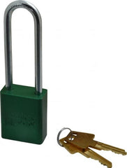 American Lock - Keyed Alike Conductive Lockout Padlock - 3" Shackle Clearance, 1/4" Shackle Diam, 1.8" Body Height x 1-1/2" Body Width, Green, 5 Pins - Exact Tooling