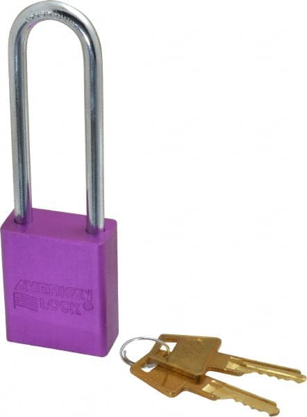 American Lock - Keyed Different Conductive Lockout Padlock - 3" Shackle Clearance, 1/4" Shackle Diam, 1.8" Body Height x 1-1/2" Body Width, Purple, 5 Pins - Exact Tooling