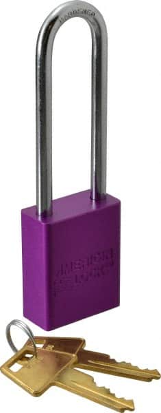 American Lock - Keyed Alike Conductive Lockout Padlock - 3" Shackle Clearance, 1/4" Shackle Diam, 1.8" Body Height x 1-1/2" Body Width, Purple, 5 Pins - Exact Tooling