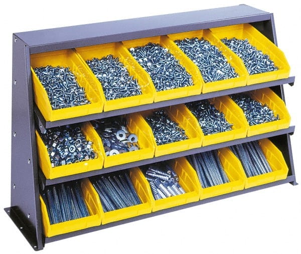 Quantum Storage - 240 Lb Capacity, 12" Deep x 36" Wide x 21" High, Steel Bench Rack - 1 Side, 15 Blue Polyethylene/Polypropylene Bins - Exact Tooling