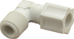 Made in USA - 1/2" Tube OD, Polypropylene Plastic Compression Tube Male Elbow - 1/2 NPT Pipe, 215°F Max, Plastic Grip - Exact Tooling