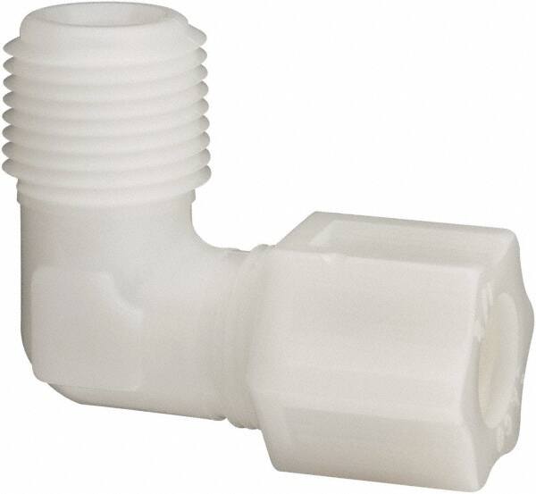 Made in USA - 1/2" Tube OD, Acetal/Celcon Plastic Compression Tube Male Elbow - 1/2 NPT Pipe, 220°F Max, Plastic Grip - Exact Tooling