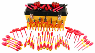 66 Piece - Insulated Tool Set with Pliers; Cutters; Nut Drivers; Screwdrivers; T Handles; Knife; Sockets & 3/8" Drive Ratchet w/Extension; Adjustable Wrench - Exact Tooling