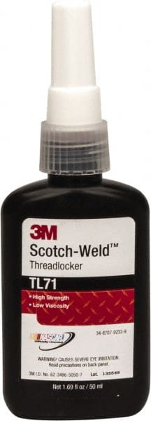 3M - 50 mL Bottle, Red, High Strength Liquid Threadlocker - Series TL71, 24 hr Full Cure Time, Hand Tool, Heat Removal - Exact Tooling