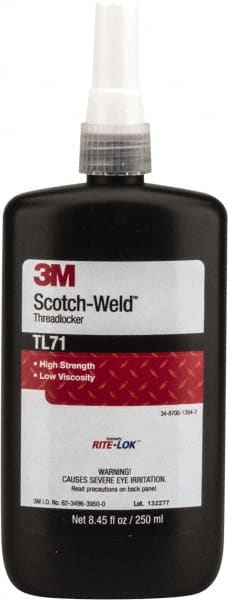 3M - 250 mL, Red, High Strength Liquid Threadlocker - Series TL71, 24 hr Full Cure Time, Hand Tool, Heat Removal - Exact Tooling