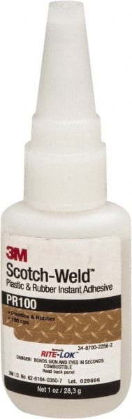 3M - 1 oz Bottle Clear Instant Adhesive - Series PR100, 10 to 30 sec Working Time, 24 hr Full Cure Time, Bonds to Cardboard, Ceramic, Fabric, Fiberglass, Foam, Glass, Leather, Metal, Paper, Plastic, Rubber, Vinyl & Wood - Exact Tooling