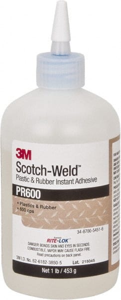 3M - 1 Lb Bottle Clear Instant Adhesive - Series PR600, 4 to 25 sec Working Time, 24 hr Full Cure Time, Bonds to Cardboard, Ceramic, Fabric, Fiberglass, Foam, Glass, Leather, Metal, Paper, Plastic, Rubber, Vinyl & Wood - Exact Tooling