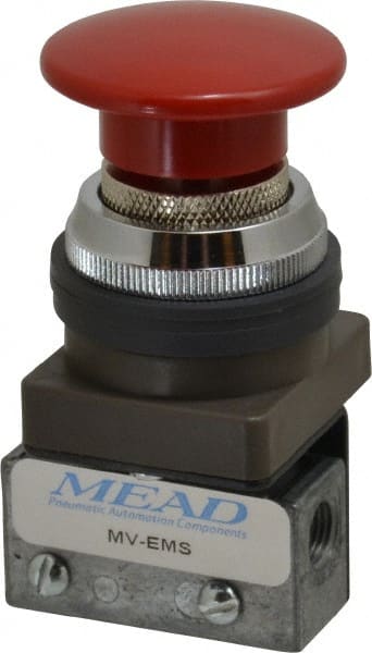 Mead - 1/8" NPT Emergency Stop Manual Valve - 3 Ports, 3-Way, 2-Position Detent, Emergency Stop Push Button Red & Manual Return - Exact Tooling