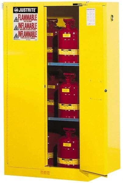 Justrite - 2 Door, 2 Shelf, Yellow Steel Standard Safety Cabinet for Flammable and Combustible Liquids - 65" High x 34" Wide x 34" Deep, Self Closing Door, 3 Point Key Lock, 60 Gal Capacity - Exact Tooling