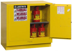 Justrite - 2 Door, 1 Shelf, Yellow Steel Under the Counter Safety Cabinet for Flammable and Combustible Liquids - 35" High x 35" Wide x 22" Deep, Self Closing Door, 22 Gal Capacity - Exact Tooling