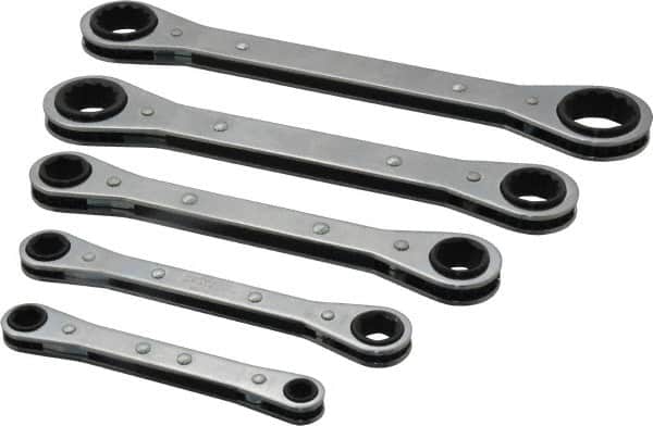 Lang - 5 Piece, 1/4 to 7/8", 12 Point, Ratcheting Box Wrench Set - Inch System of Measurement, Chrome Finish, Comes in Vinyl Roll - Exact Tooling
