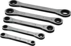Lang - 5 Piece, 1/4 to 7/8", 12 Point, Ratcheting Box Wrench Set - Inch System of Measurement, Chrome Finish, Comes in Vinyl Roll - Exact Tooling