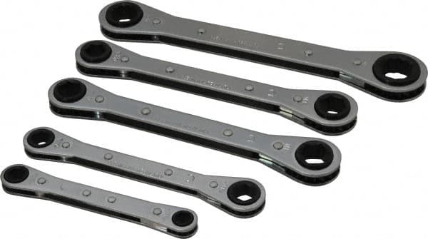 Lang - 5 Piece, 7 to 17mm, Ratcheting Box Wrench Set - Metric System of Measurement, Chrome Finish, Comes in Vinyl Roll - Exact Tooling