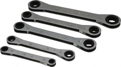 Lang - 5 Piece, 7 to 17mm, Ratcheting Box Wrench Set - Metric System of Measurement, Chrome Finish, Comes in Vinyl Roll - Exact Tooling