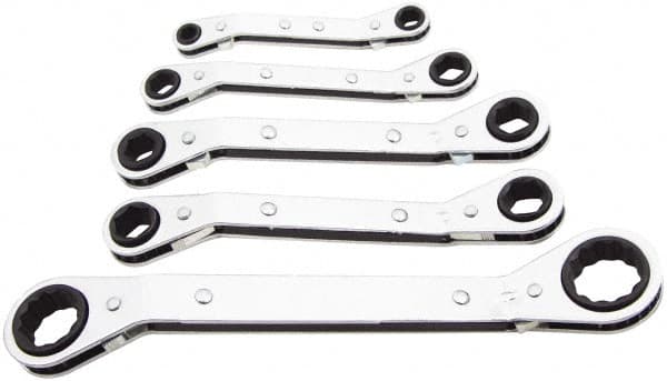 Lang - 5 Piece, 7 x 8 to 15 x 17mm, Ratcheting Box Wrench Set - Metric System of Measurement, Chrome Finish, Comes in Vinyl Roll - Exact Tooling