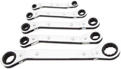 Lang - 5 Piece, 7 x 8 to 15 x 17mm, Ratcheting Box Wrench Set - Metric System of Measurement, Chrome Finish, Comes in Vinyl Roll - Exact Tooling