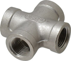 Merit Brass - 3/8" Grade 304 Stainless Steel Pipe Cross - FNPT End Connections, 150 psi - Exact Tooling