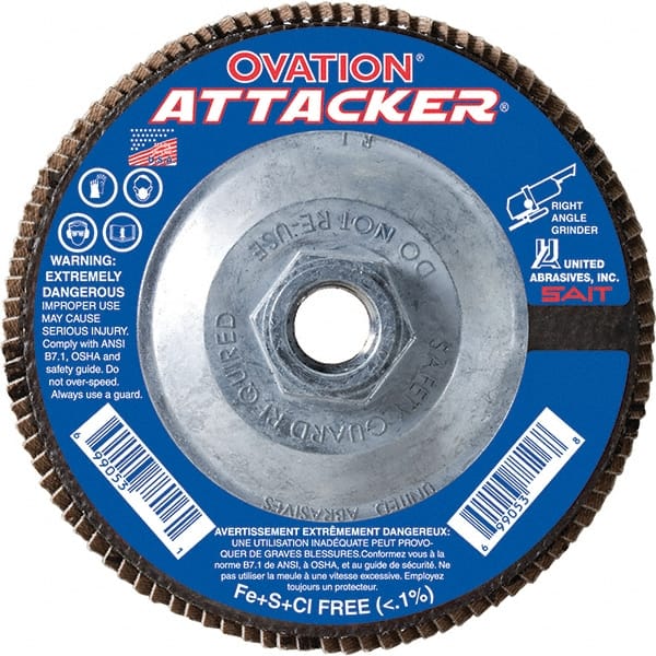 Sait - 80 Grit, 5" Disc Diam, 5/8-11 Center Hole, Type 27 Zirconia Alumina Flap Disc - 12,200 Max RPM, Fiberglass Backing, Arbor Attaching System, Coated - Exact Tooling