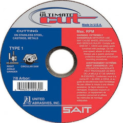 Sait - 6" Aluminum Oxide Cutoff Wheel - 0.045" Thick, 7/8" Arbor, 10,200 Max RPM, Use with Angle Grinders - Exact Tooling