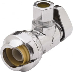 SharkBite - 1/2 & 1/4" Pipe, 200 psi WOG Rating, Brass Angle Stop Valve - Chrome Finished Handle, Push Fit End Connections, For Potable Water Applications - Exact Tooling