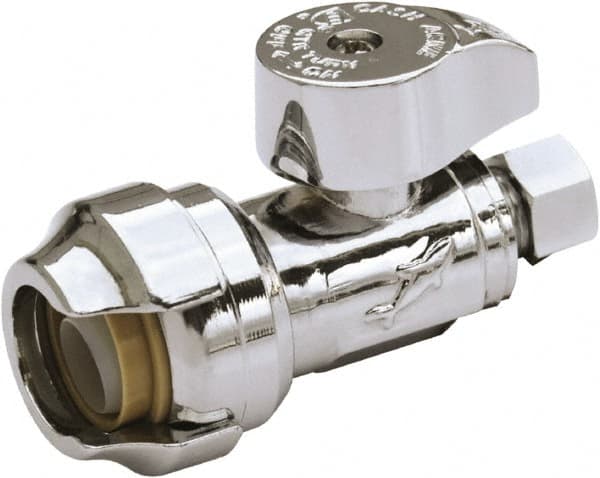 SharkBite - 1/2 & 3/8" Pipe, 200 psi WOG Rating, Brass Stop Valve - Chrome Finished Handle, Push Fit End Connections, For Potable Water Applications - Exact Tooling
