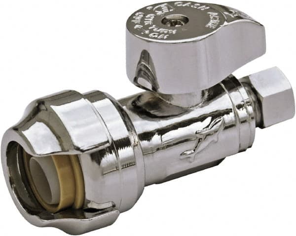 SharkBite - 1/2 & 1/4" Pipe, 200 psi WOG Rating, Brass Stop Valve - Chrome Finished Handle, Push Fit End Connections, For Potable Water Applications - Exact Tooling