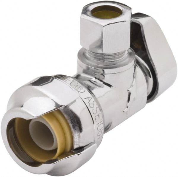 SharkBite - 1/2 & 3/8" Pipe, 200 psi WOG Rating, Brass Angle Stop Valve - Chrome Finished Handle, Push Fit End Connections, For Potable Water Applications - Exact Tooling