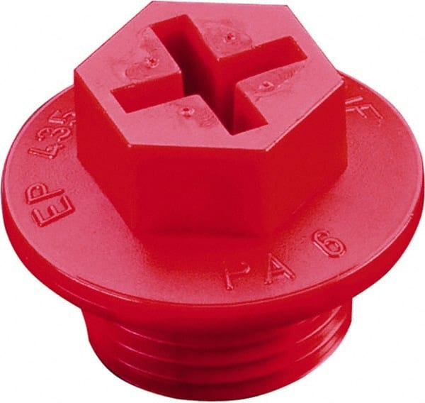 Caplugs - Hex Head with Slot, Threaded Plug - 2.28" OD, 1-17/64" Long, High-Density Polyethylene, Red - Exact Tooling