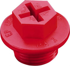 Caplugs - Hex Head with Slot, Threaded Plug - 2.28" OD, 1-17/64" Long, High-Density Polyethylene, Red - Exact Tooling